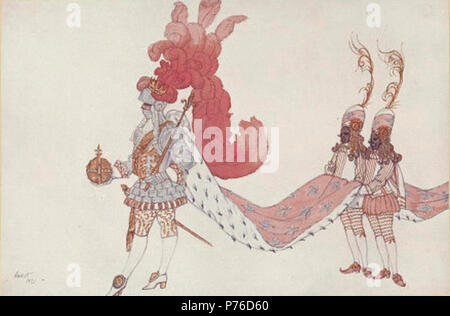 . Prises à partir d'un ensemble d'illustrations d'après les plans de Léon Bakst pour la princesse de couchage qui ont été initialement publié par Ben Brothers en 1923, cette illustration est étiqueté "Planche XXXV : Le Roi with its Pages'. L'image montre le roi vêtu d'une armure plus serré culotte blanche et or avec un long train rouge, bordée d'hermine et décoré d'argent fleur de lys. Il porte aussi un casque décoré d'une couronne d'or et les panaches de plumes rouges. Son train est porté par deux pages habillés porter du rouge et blanc à rayures rouges, vestes pantalon Banque D'Images