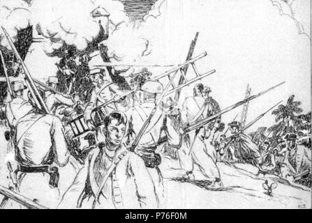 Anglais : William Gooch's American Marines à l'attaque du Fort San Lazaro à Cartagena en 1741, dessin à l'encre par Arman Manookian, Honolulu Academy of Arts . 1920 230 William Gooch's American Marines à l'attaque du Fort San Lazaro à Carthagène en 1741 Banque D'Images