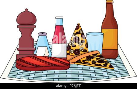 Nappe de pique-nique avec des pizzas et des boissons en bouteilles sur fond blanc, vector illustration Illustration de Vecteur