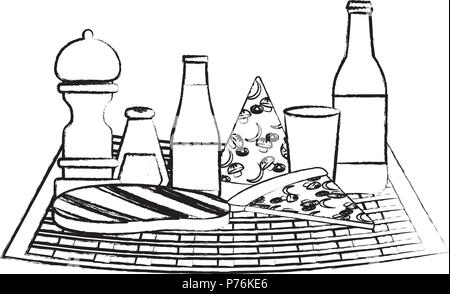 Nappe de pique-nique avec des pizzas et des boissons en bouteilles sur fond blanc, vector illustration Illustration de Vecteur