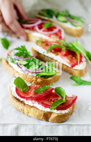 La bruschetta ou sandwiches avec tomates, concombres et fromage à la crème, décoré avec des greens. Banque D'Images