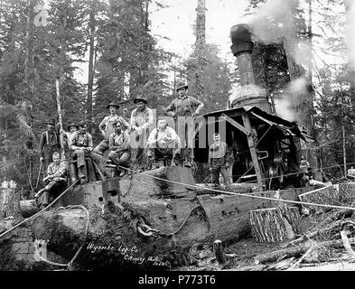 . Anglais : équipe de chargement et de l'âne, Wynooche moteur Timber Company, près de Montesano, ca. 1921 . Anglais : Légende sur l'image : Wynoche Log. co. C. Kinsey Photo, Seattle. N° 57 PH Coll 516,5154 Le Wynooche Timber Company a commencé ses opérations ca. 1913 avec siège à Hoquiam et opérations forestières dans les Ecorchés. Il a été nommé pour Wynooche Valley dans le nord-est de Grays Harbor Comté. Wynooche Timber Company a été acheté par Schafer Brothers Logging Company ca. 1927. Montesano, le siège du comté de Grays Harbor Comté, est à 13 kilomètres à l'est d'Aberdeen sur la rivière Chehalis, près de l'embouchure de la rivière j'Wynooche Banque D'Images