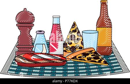 Nappe de pique-nique avec des pizzas et des boissons en bouteilles sur fond blanc, vector illustration Illustration de Vecteur