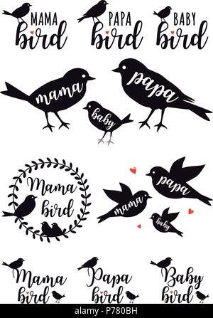 Maman, papa d'oiseaux oiseau, bébé, famille, ensemble d'éléments de conception graphique de vecteur Illustration de Vecteur