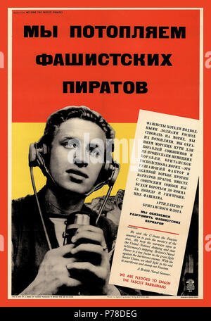 Vintage 1940 WW2 affiche de propagande 1943 'nous couler le Facist Pirates'. Nous nous sommes engagés à détruire les barbares fascistes imprimé et publié en Angleterre traduit pour l'utilisation dans l'URSS Union Soviétique Banque D'Images