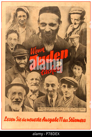 Affiche de propagande politique antisémite anti-juive de l'Allemagne nazie du NSDAP de 1930 traduite par « les Juifs sont nés criminels. Ils sont incapables de rire librement et ouvertement. Leurs visages ne peuvent que former un sourire diabolique ». 'Portraits de dix hommes et d'une femme, tous riant ou souriant, encerclent les mots 'Wenn Juden lachen' [quand les Juifs rient]. Banque D'Images