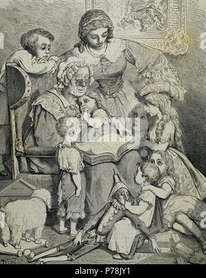 La lecture de la famille de Charles Perrault contes. Gravure par Pannemaker. 19e siècle. Banque D'Images