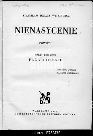 Anglais : full quality balayage original de la page de titre de la première édition de Nienasycenie «Przebudzenie : volume 1" (1930) par Stanisaw Ignacy Witkiewicz. Nienasycenie Przebudzenie 1930 44 (première édition) (page de titre) Banque D'Images