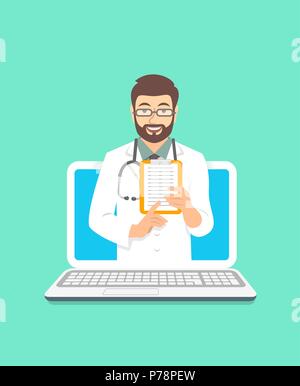 Concept de docteur en ligne. Consultation internet médical. Télévision vecteur illustration. Healthcare consulting service web. Jeune homme médecin détient le presse-papiers Illustration de Vecteur