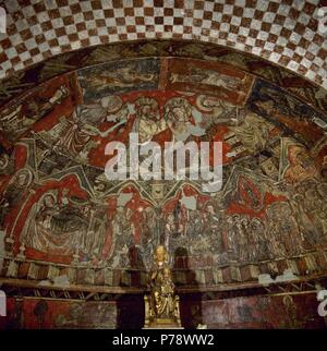 L'Espagne. L'Aragon. Sos del Rey Catolico. Crypte de l'église de Saint Maria del Perdon. 14e siècle. Église de San Esteban. Peinture murale. Couronnement de la Vierge Marie. Banque D'Images