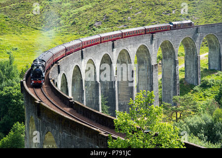 L'Express Jacobite, également connu comme le Poudlard Express franchit le viaduc de Glenfinnan, sur la route entre Fort William et Mallaig. Banque D'Images