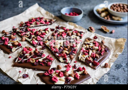 L'écorce au chocolat maison aux noisettes, arachides, canneberges et framboises lyophilisés Banque D'Images