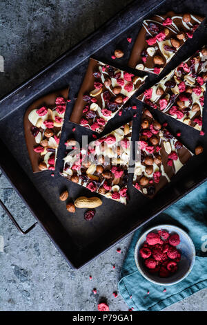 L'écorce au chocolat maison aux noisettes, arachides, canneberges et framboises lyophilisés Banque D'Images