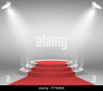 Scène avec des lumières pour cérémonie de remise des prix. Podium ronde illuminée avec tapis rouge. Piédestal. Illustration de Vecteur