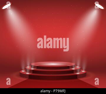 Scène avec des lumières pour cérémonie de remise des prix. Podium ronde illuminée avec tapis rouge. Piédestal. Illustration de Vecteur