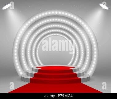Scène avec des lumières pour cérémonie de remise des prix. Podium ronde illuminée avec tapis rouge. Piédestal. Illustration de Vecteur