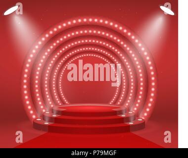 Scène avec des lumières pour cérémonie de remise des prix. Podium ronde illuminée avec tapis rouge. Piédestal. Illustration de Vecteur