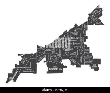 Plan de la ville de Cleveland Ohio USA étiqueté illustration noir Illustration de Vecteur