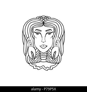 Girl portrait du cancer. Le signe de zodiaque pour des profils à colorier. Simple noir et blanc illustration vectorielle. Illustration de Vecteur