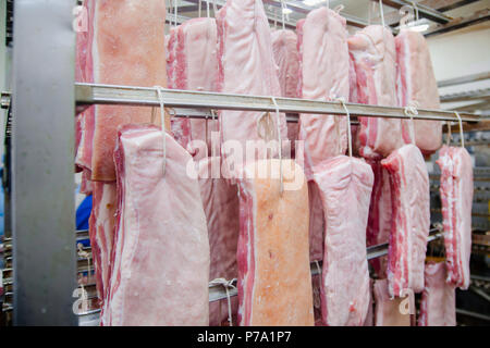 La viande de porc. La ligne pour la production de spécialités fumées. Fabrication industrielle de produits de saucisse. Le fumoir de produits de viande. Banque D'Images