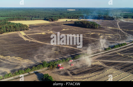 Allemagne, Limsdorf. 4 juillet, 2018. Les voitures de pompiers sur le terrain. L'incendie qui a attrapé sur quelque 100 hectares de forêts et de terres sur le terrain a été mis sur le jeudi soir. Plus de 13 heures ont été nécessaires pour éteindre le feu dans le district de Limsdorf, comme le service des incendies déclarés. La police n'est pas encore en mesure de fournir une source pour le feu. Le Brandebourg est en ce moment à son plus haut risque pour les incendies de forêt. Crédit : Patrick Pleul/dpa-Zentralbild/dpa/Alamy Live News Banque D'Images