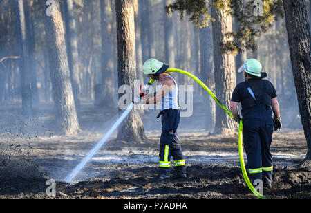 Allemagne, Limsdorf. 4 juillet, 2018. Le personnel a publié la dernière lueur et d'étincelles dans une forêt de pins. L'incendie qui a attrapé sur quelque 100 hectares de forêts et de terres sur le terrain a été mis sur le jeudi soir. Plus de 13 heures ont été nécessaires pour éteindre le feu dans le district de Limsdorf, comme le service des incendies déclarés. La police n'est pas encore en mesure de fournir une source pour le feu. Le Brandebourg est en ce moment à haut risque de feux de forêt. Crédit : Patrick Pleul/dpa-Zentralbild/dpa/Alamy Live News Banque D'Images