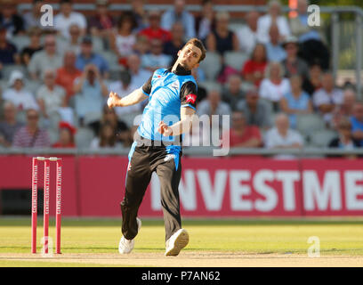 Unis Old Trafford, Manchester, Royaume-Uni. 5 juillet, 2018. Explosion de vitalité T20 cricket, Lancashire Lightning contre Worcester Rapids ; Ed Barnard de bols Rapids Worcestershire pendant son premier plus de la soirée : Action Crédit Plus Sport/Alamy Live News Banque D'Images