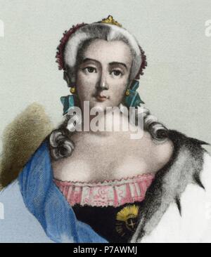 Elisabeth de Russie (1709-1762). L'impératrice de Russie. Maison des Romanov. Portrait. Engrving. De couleur. Banque D'Images