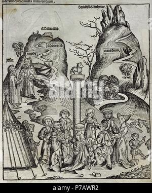 Ancien Testament. Moïse casse les tables de la loi. Les Israélites pendant Mose"s'adorer l'idole de veau d'or. La gravure. Liber Chronicarum Shedel par Hartman. 15e siècle. Banque D'Images