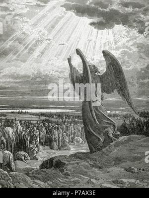 Un ange apparaît l'armée de Josué. Livre des juges. Chapitre 11, versets 1-5. Gravure de Gustave Dore (1832-1883). Banque D'Images