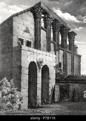 Historia. Ruinas del temple de Diana, un contruído finales del siglo I a. C. en Mérida. La gravure de 1871. Banque D'Images