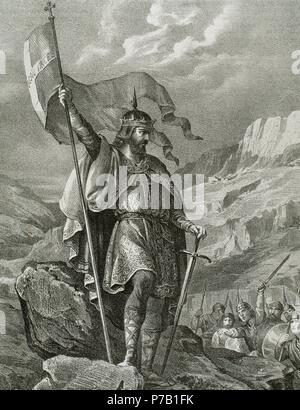 Pelagius (ch. 685-737). Noble wisigoth qui a fondé le royaume des Asturies. Histoire illustrée de la gravure en Espagne, 19e siècle. Banque D'Images