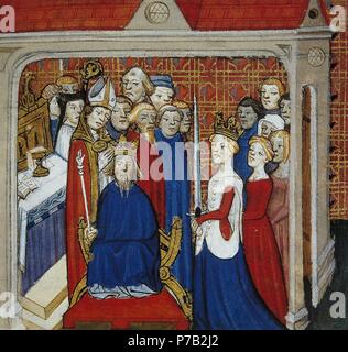 Louis le Bègue (846-879). Le Roi de l'ouest de la France. Miniature représentant le couronnement de Louis II. 14e siècle. Musée Condé. Château de Chantilly. La France. Banque D'Images