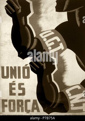 Guerre civile espagnole (1936-1939). L'affiche de propagande en catalan de la Force est de l'Union européenne sur l'accord entre l'UGT (Union Générale des Travailleurs) et la CNT (Confédération nationale du travail), 1936. Banque D'Images