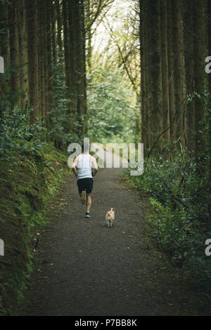 Man jogging avec son chien dans la forêt luxuriante Banque D'Images