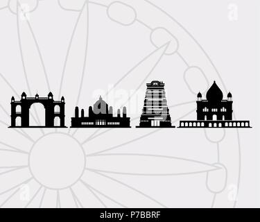 Silhouettes noires de l'Inde de repère sur fond blanc, vector illustration Illustration de Vecteur