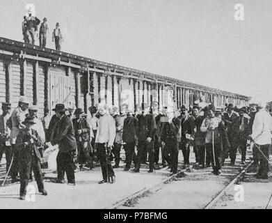 Révolution russe de 1905. Soulèvement du cuirassé du Potemkine. Une partie de l'armée se sont mutinés contre le régime tsariste. Mutins de prendre le train à Constanta (Roumanie) pour aller à l'intérieur. L'illustration artistique. Banque D'Images