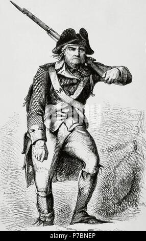 Guerre d'Indépendance américaine (1775-1783). Soldat de l'Amérique du Nord. Portrait. La gravure. 19e siècle. Banque D'Images