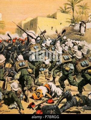 Guerre Italo-Turkish. Conflit entre l'Empire Ottoman et le Royaume d'Italie, 1911-1912. Conquête de la ville de Benghazi, 1911. Dessin par Achille Beltrame (1871-1945). La Domenica del Corriere, Italie, 20e siècle. La couleur. Banque D'Images