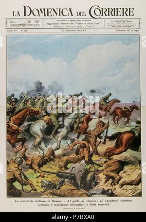 Seconde Guerre mondiale (1939-1945). Cavalerie italienne en Russie. Les escadrons sur l'artilleurs et soldats de l'infanterie soviétique. Dessin de A. Beltrame. La Domenica del Corriere, 1942. Banque D'Images