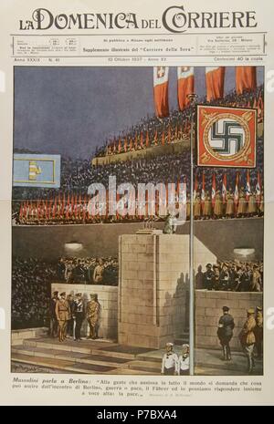 Benito Mussolini (1883-1945), homme politique fasciste italien, à prononcer un discours à Berlin, Allemagne : ' 'pour ceux qui se demandent dans le monde ce qui peut sortir de la réunion de Berlin, la guerre ou la paix, le Fu gérants et je peux répondre ensemble à haute voix : la paix". Dessin de A.Beltrame. La Domenica del Corriere, 1937. Banque D'Images