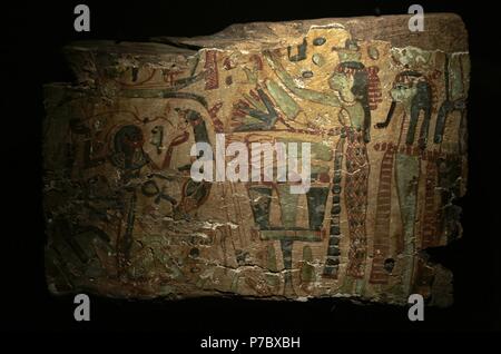 La création par les Egyptiens. Fragment de cercueil peint dans des couleurs différentes. Tapez Deir el-Bahari. La déesse du ciel Nut se penche sur la terre Geb. Entre eux, leur père Shu maintient séparés. Le Dieu Soleil Voyages en bateau au-dessus de l'arrière de l'écrou. 21e-22e Dynasties (1081-725 av. J.-C.). Troisième période intermédiaire. Le bois. Musée d'antiquités orientales et méditerranéennes. Stockholm. La Suède. Banque D'Images