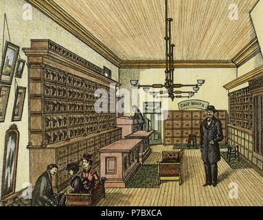 Les États-Unis. New York. Usine de chaussures et d'acheter dans 74, rue Main, Batavia. Vue de l'intérieur. Gravure couleur, 1876. Banque D'Images