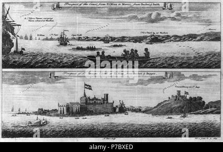 2 vues de la Côte d'or de l'Afrique- 'Perspective de la Côte d'Elmina à Mowri", montrant des esclaves d'être chargées à bord du navire en premier plan ; 'Perspective de Saint Georges Château à Elmina' Banque D'Images