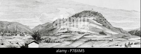 L'Espagne. Troisième Guerre carliste (1872-1876). Payuela et son fort. Gravure de Rico. La Ilustracio  ola Espan n y Americana, 1876. Banque D'Images