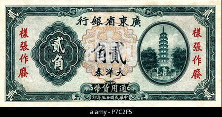 20 cents - Provincial de Guangdong Bank (1936) 01. Banque D'Images