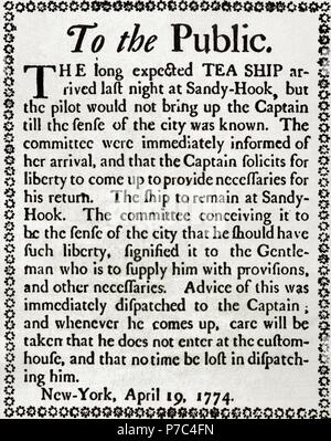 Histoire des États-Unis. New York's Tea Party. Circulaire au sujet de boycotter le navire chargé de thé anglais récemment arrivé dans la région de Sandy Hook. New York, 19 avril 1774. Banque D'Images