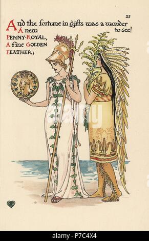 Fées Fleurs de penny royal, Mentha pulegium, en casque avec trident et le roi Édouard VII, médaille d'or et la paume de plume, Dypsis lutescens, comme un couvre-chef en plumes avec squaw. Chromolithographie après une illustration par Walter Crane à partir d'une fleur Mariage, Cassell, Londres, 1905. Banque D'Images