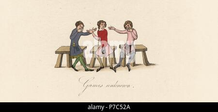 Les garçons sur des tabourets jouant un jeu de hasard similaire à ciseaux, papier, pierre, où un garçon peut contenir jusqu'à un certain nombre de doigts et ses collègues ont à faire preuve de la même, 14e siècle. Lithographie coloriée par Joseph Strutt à partir de ses propres activités sportives et les loisirs de la population de l'Angleterre, Chatto et Windus, Londres, 1876. Banque D'Images