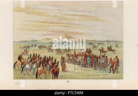 Guerriers Mandan bénéficiant d'une course de chevaux et les jeux de hasard dans le Missouri. Lithographie coloriée de George Catlin's Manners, les douanes et l'état des Indiens d'Amérique du Nord, Londres, 1841. Banque D'Images